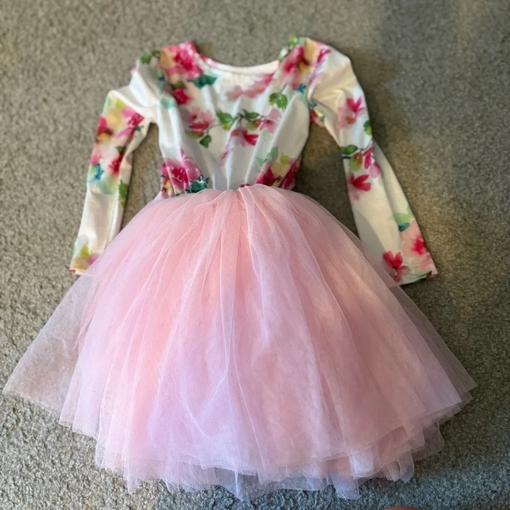 Grace and Lucille Pink Floral Tutu Dress Six 6 Birthday Pink White Long Sleeve
